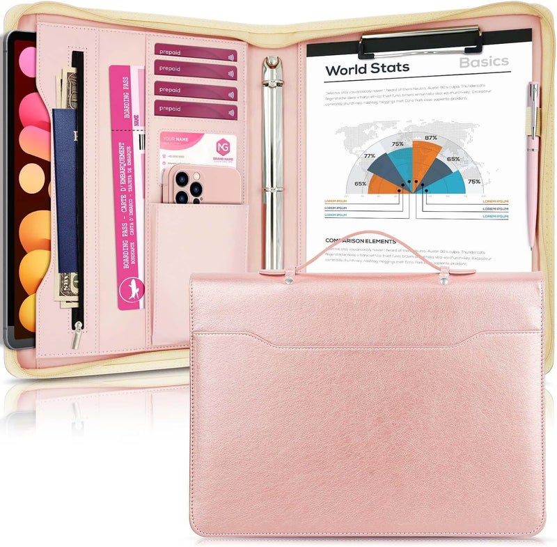 IYGHV Faux Leather Portfolio Binder with Handle & Clipboard, Zippered Padfolio Folder Organizer 3 Ring Binder for Document, Business Card Holder, Professional Portfolio Notebook for Men & Women (Rose Gold) - Image 1